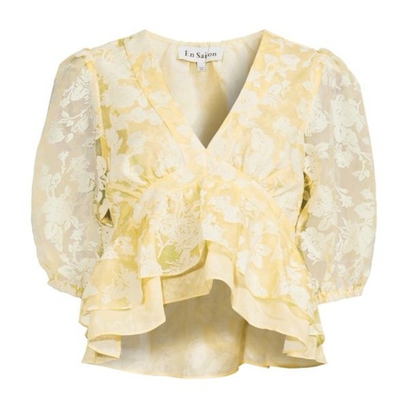 En Saison Butter Yellow Floral Ruffle Feminine Girly Cottage Core Top - Picture 7 of 7